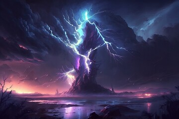 Wall Mural - An incredible lightning storm that lit up the night sky. illustrations for a game backdrop Generative AI