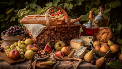 Wall Mural - Harvested goodness in picnic basket with wine generated by AI