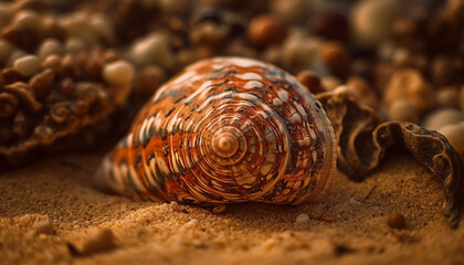 Sticker - Spiraled gastropod shell beauty on sandy beach generated by AI