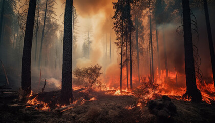 Wall Mural - Burning forest reveals spooky mystery of nature destruction generated by AI