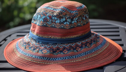 Poster - Woven straw hat with colorful patterned band generated by AI