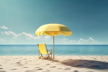 Canvas Print - Illustration of two beach chairs under a yellow umbrella on a sandy beach. Generative AI