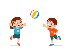 Sticker - little kid playing volley ball with friend and feel happy