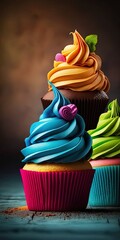 Wall Mural - cupcakes with colorful, tasty icing. generative ai