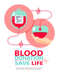 Wall Mural - blood bag donated with heart, blood donor for poster, banner, card, and background. Vector illustration flat design for blood donation day.
