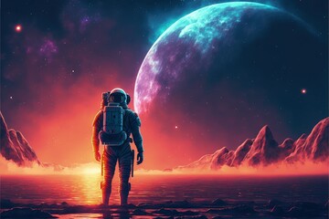 an astronaut standing by the ocean with a planet in the background. fantasy concept , illustration p