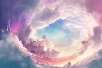 Abstract of sunset mood in the sky with cloudy background. Wallpaper in colorful gradient pastel painting with watercolor shading technique. Finest generative AI.