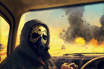 A person wearing a helmet with a skull design drives a truck out of an explosion. Fantasy concept , Illustration painting. Generative AI