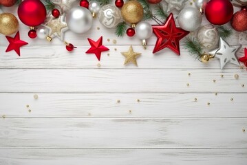 the top view of the christmas backdrop is decorated with balls and beautiful red-gold stars on a pas