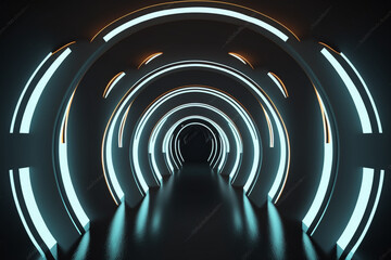 Poster - Abstract background, tunnel of glowing arcs, Generative AI	