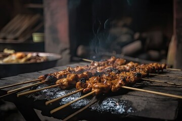 Poster - Illustration of various food skewers grilling on a barbecue. Generative AI