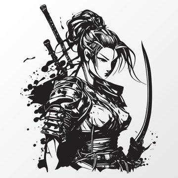 Cartoon samurai women character sketch in anime style 