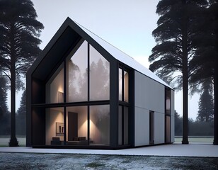 Wall Mural - A stylish, minimalist house with a sloping roof, a large front window, Ai generative