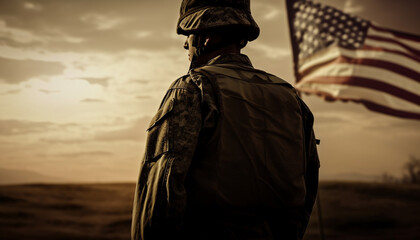 Wall Mural - Standing army soldier salutes American flag at sunset generated by AI