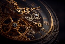 A Close Up Of A Clock With Gears On It's Face And A Clock Dial On The Side Of The Clock Face, With A Black Background Of A Gold And Black Background With A., Generative Ai