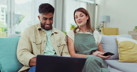 Poster - Laptop, laughing and a couple on a sofa in the living room of their home together to relax with fun or humor. Love, funny or meme with a man and woman in their house to enjoy comedy or laughter