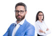 © be free - adult businesspeople leadership in studio. couple of businesspeople leadership in formalwear.