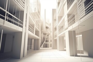 Canvas Print - Illustration of an empty hallway with balconies in a modern building. Generative AI