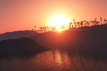 Wall Mural - 3d palm tree island against a sunset sky