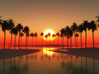 Wall Mural - 3D palm tree landscape against a sunset sky