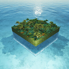 Wall Mural - 3d abstract landscape with a palm tree cube in the ocean