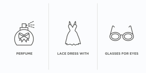 Wall Mural - woman clothing outline icons set. thin line icons such as perfume, lace dress with belt, glasses for eyes vector. linear icon sheet can be used web and mobile