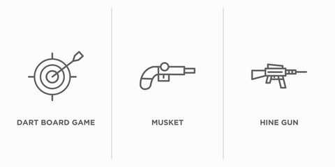 Poster - weapons outline icons set. thin line icons such as dart board game, musket, hine gun vector. linear 