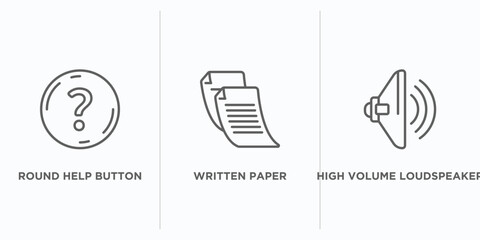 Poster - user interface outline icons set. thin line icons such as round help button, written paper, high volume loudspeaker vector. linear icon sheet can be used web and mobile