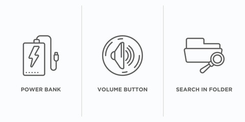 Poster - user interface outline icons set. thin line icons such as power bank, volume button, search in folder vector. linear icon sheet can be used web and mobile