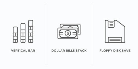 Poster - user interface outline icons set. thin line icons such as vertical bar, dollar bills stack, floppy disk save button vector. linear icon sheet can be used web and mobile