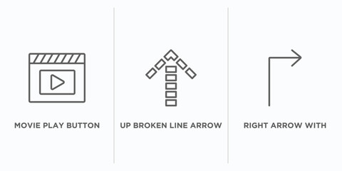 Poster - user interface outline icons set. thin line icons such as movie play button, up broken line arrow, r