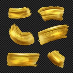 Aufkleber - Gold paint brush stroke. Glittering smears. Christmas golden elements set. Abstract color brushstroke effect. Yellow stains with sparkle shimmer. Grunge spots. Vector decor background