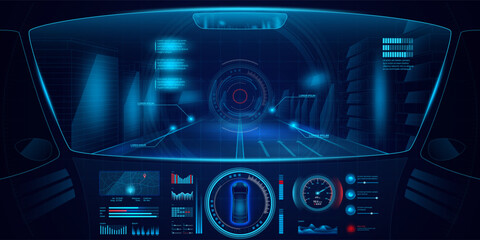 Aufkleber - Game car control panel. Autonomous drive. Vehicle cockpit interface. Digital road dashboard. Automotive technology. UI design. Vehicle navigation map. Vector virtual gaming background