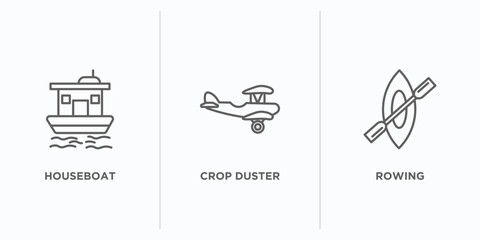 Poster - transportation outline icons set. thin line icons such as houseboat, crop duster, rowing vector. lin