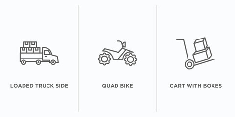 Poster - transport outline icons set. thin line icons such as loaded truck side view, quad bike, cart with bo