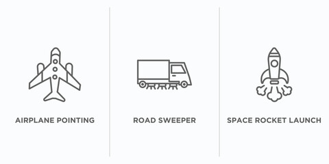 Poster - transport outline icons set. thin line icons such as airplane pointing up, road sweeper, space rocket launch vector. linear icon sheet can be used web and mobile