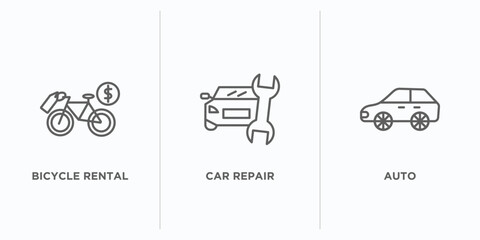 Poster - transport outline icons set. thin line icons such as bicycle rental, car repair, auto vector. linear