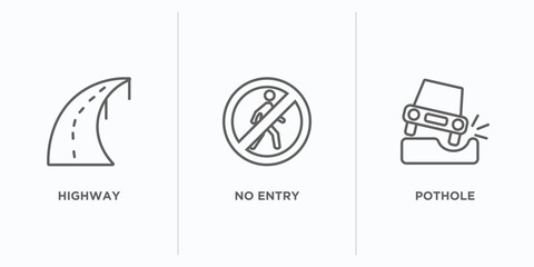 Poster - traffic signs outline icons set. thin line icons such as highway, no entry, pothole vector. linear icon sheet can be used web and mobile