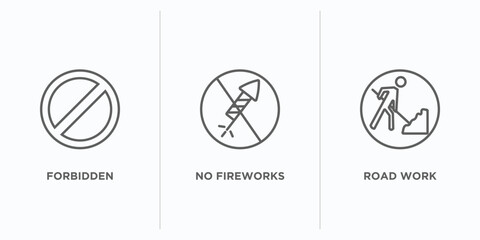 Poster - traffic signs outline icons set. thin line icons such as forbidden, no fireworks, road work vector. linear icon sheet can be used web and mobile