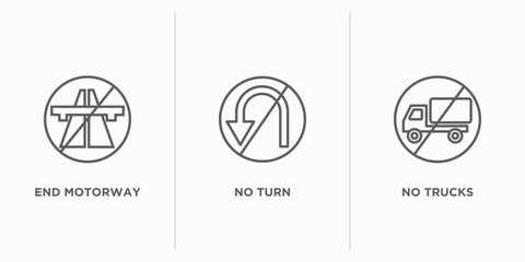 Poster - traffic signs outline icons set. thin line icons such as end motorway, no turn, no trucks vector. linear icon sheet can be used web and mobile