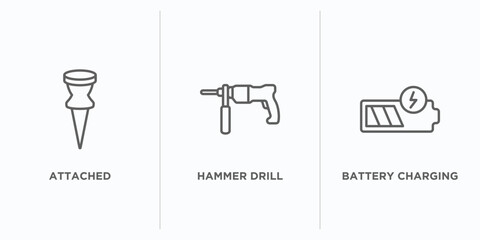 Poster - tools and utensils outline icons set. thin line icons such as attached, hammer drill, battery chargi