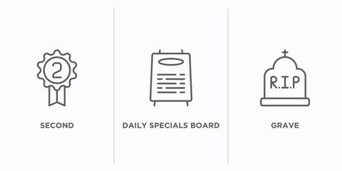 Poster - tools and utensils outline icons set. thin line icons such as second, daily specials board, grave vector. linear icon sheet can be used web and mobile