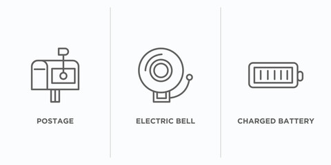 Poster - tools and utensils outline icons set. thin line icons such as postage, electric bell, charged batter