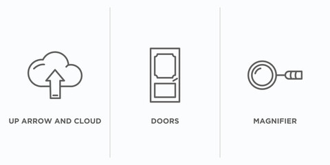 Poster - tools and utensils outline icons set. thin line icons such as up arrow and cloud, doors, magnifier vector. linear icon sheet can be used web and mobile