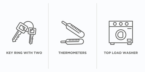 Poster - tools and utensils outline icons set. thin line icons such as key ring with two keys, thermometers, top load washer vector. linear icon sheet can be used web and mobile