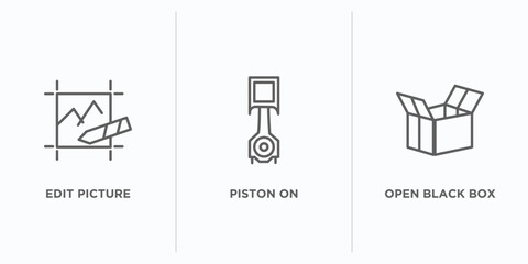 Poster - tools and utensils outline icons set. thin line icons such as edit picture, piston on, open black box vector. linear icon sheet can be used web and mobile
