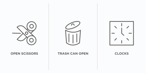 Poster - tools and utensils outline icons set. thin line icons such as open scissors, trash can open, clocks 