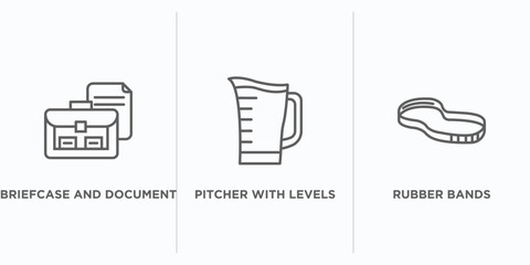Poster - tools and utensils outline icons set. thin line icons such as briefcase and document, pitcher with levels, rubber bands vector. linear icon sheet can be used web and mobile