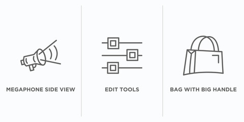 Poster - tools and utensils outline icons set. thin line icons such as megaphone side view, edit tools, bag with big handle vector. linear icon sheet can be used web and mobile