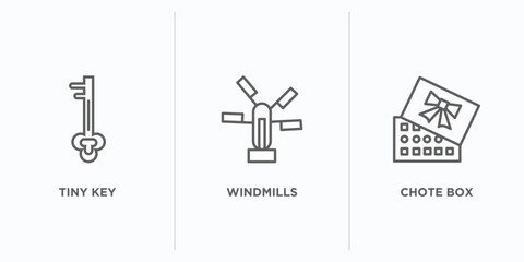 Poster - tools and utensils outline icons set. thin line icons such as tiny key, windmills, chote box vector. linear icon sheet can be used web and mobile